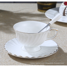 Haonai gold rim coffee set/emboss ceramic cup with saucer/white ceramic tea set.